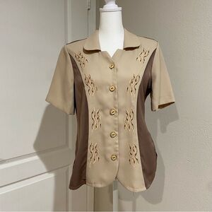 vintage womens bowler shirt button up blouse brown tan size L
